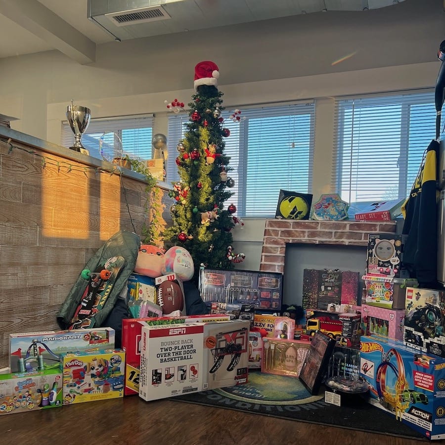 Donated toys for the 2022 Twin Oaks Toy Drive under a decorated Christmas Tree.