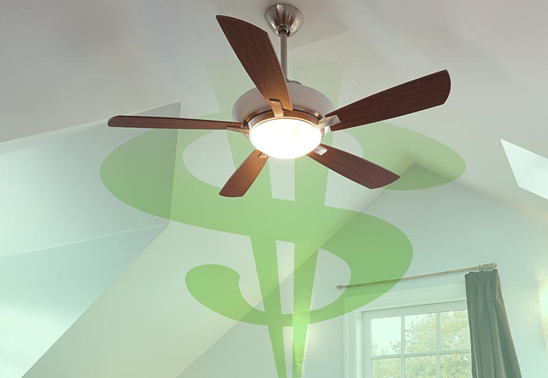 A modern five-blade ceiling fan with an integrated light, overlaid with a large green dollar sign graphic.