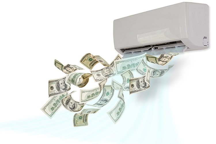 Blog Title: 5 Ways to Save Money on Your AC and Summer Energy Bill Photo: air conditioning dollars winding money