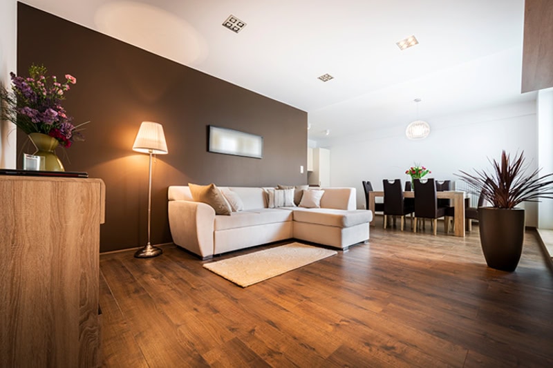 White decorated living room with wood floors.